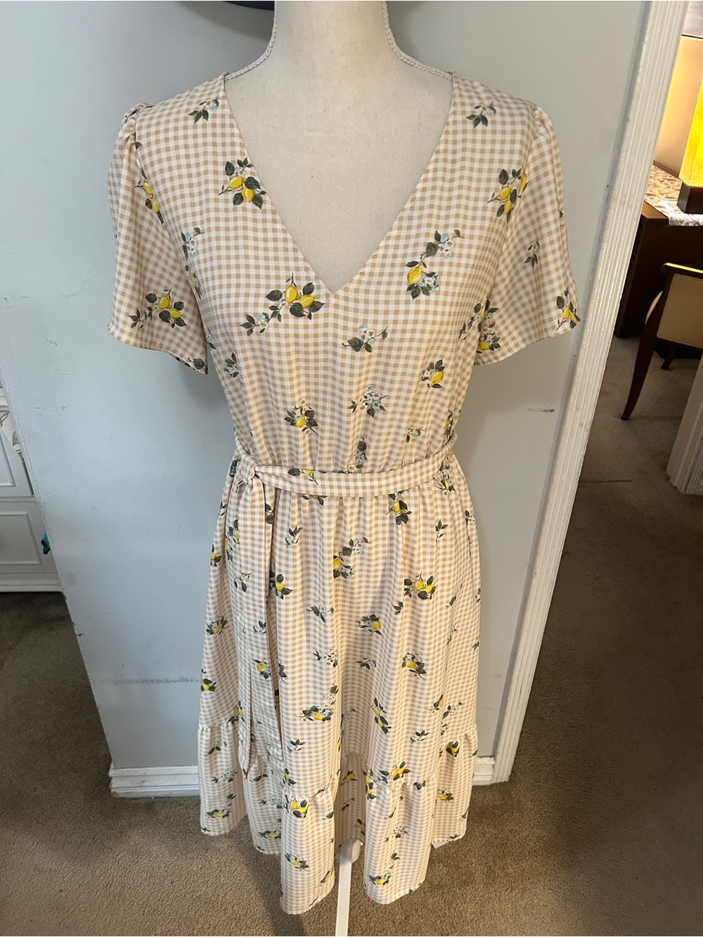 Ann Taylor Factory Beige Gingham Midi Dress with Yellow Lemon Motif